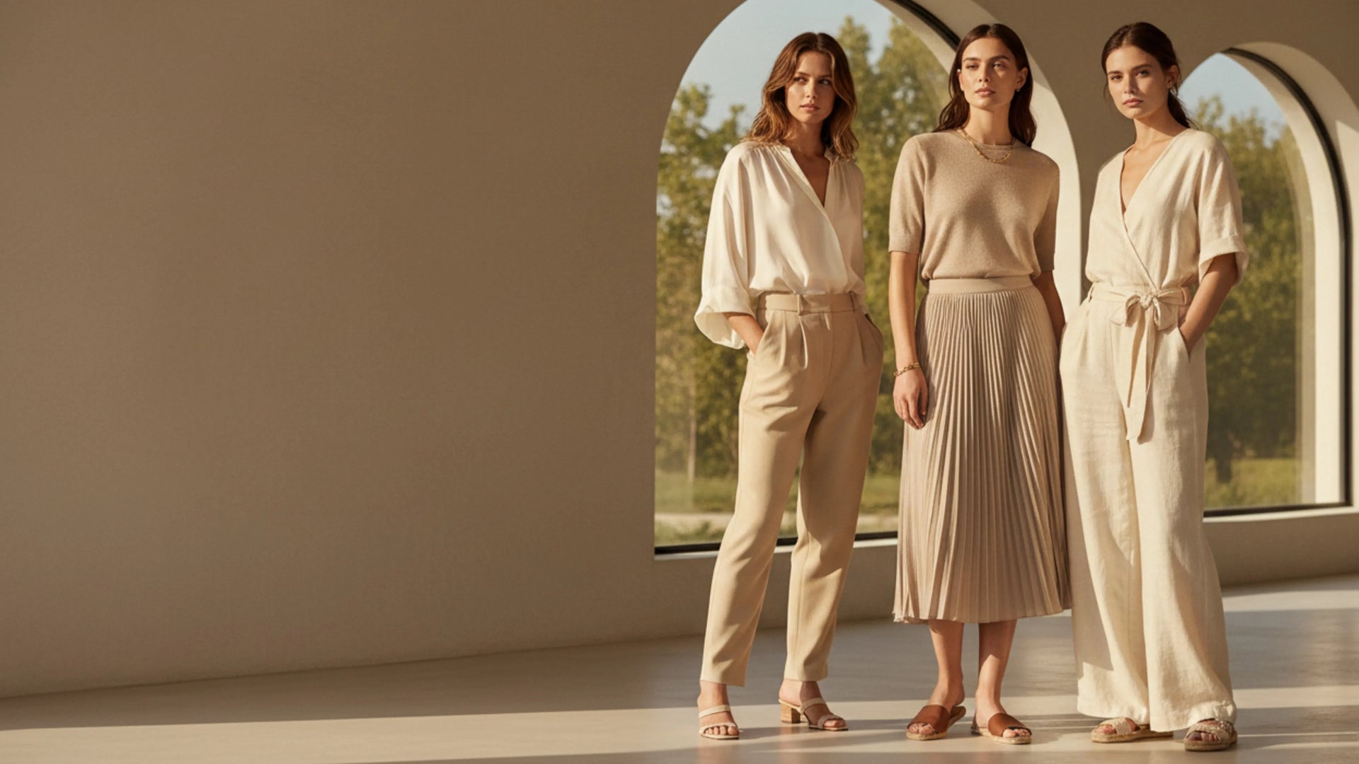 Stylish woman wearing a neutral linen summer outfit representing the Best Sellers women’s fashion collection with Norvane logo watermark.