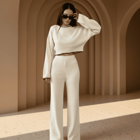 Woman in a white outfit standing in a sunlit archway