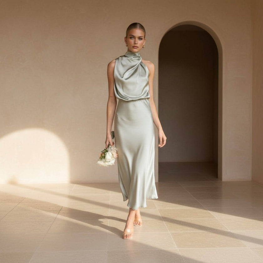 Woman in a light green dress standing in a sunlit room with an archway.