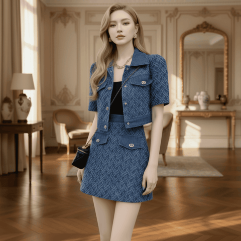 Woman in a blue outfit standing in an elegant room with wooden floors and decorative walls.
