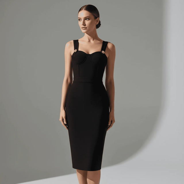 NORVANE Riviera Bandage Dress worn by a model on a gray background