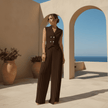 Woman in a brown outfit standing on a sunlit terrace with arches and ocean view