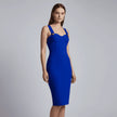 Woman wearing a blue NORVANE Riviera Bandage Dress against a plain background