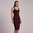 Woman wearing a claret NORVANE  dress against a light grey background
