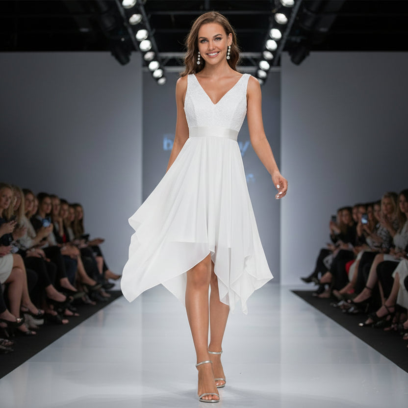 Woman wearing a white dress with a V-neck and high-low hem walking in a fashion show