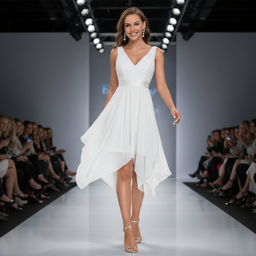 Woman wearing a white dress with a V-neck and high-low hem walking in a fashion show