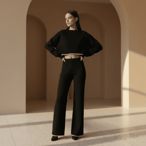 Woman wearing a black outfit standing in a sunlit archway.