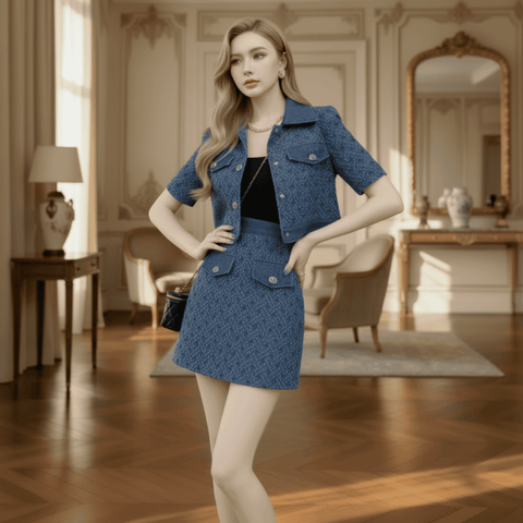 Woman in a blue outfit standing in an elegant room with wooden floors and decorative walls.