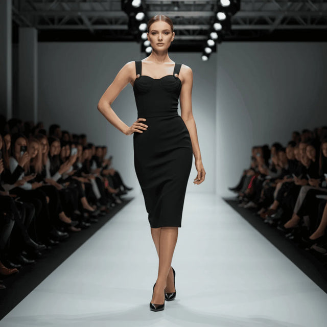 Model wearing a black NORVANE Riviera Bandage Dress on a fashion show runway with an audience.