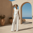 Woman in a white outfit standing on a sunlit terrace with arches and blue sky.