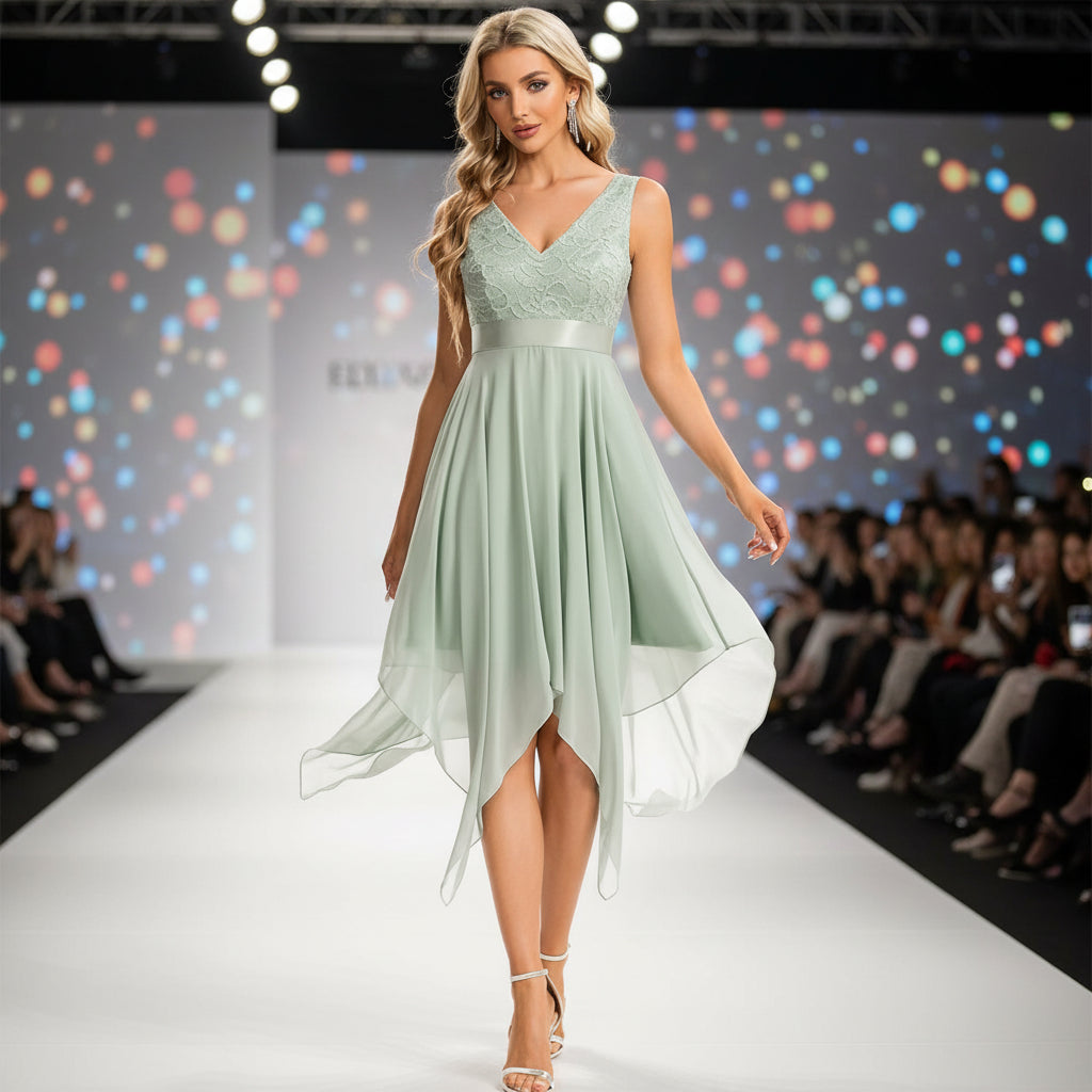 Woman wearing a light green dress with lace details walking in a fashion show