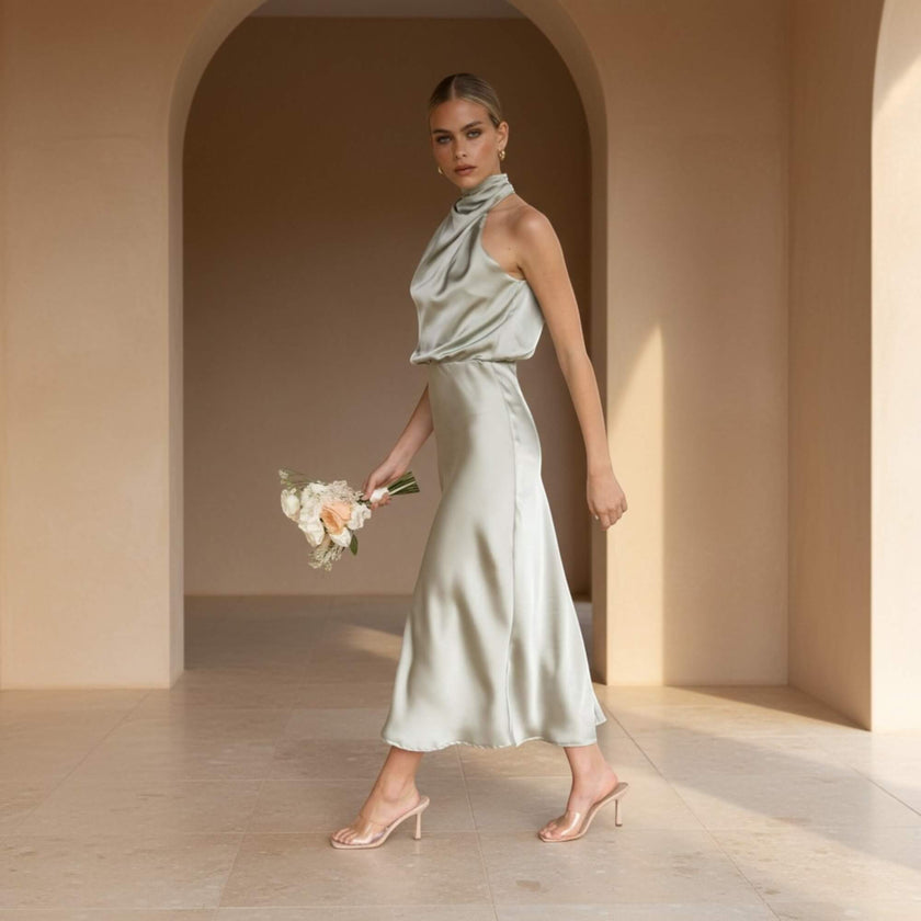 Woman in a light green dress holding flowers in a sunlit room with arches.