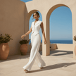 Woman in a white outfit standing on a sunlit terrace with arches and blue sky.