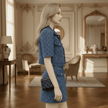 Woman in a blue outfit standing in an elegant room with mirrors and furniture.