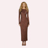 Woman wearing a brown long-sleeve dress on a white background