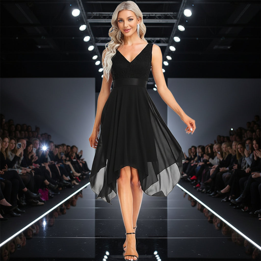 Woman wearing a black dress with a V-neck and high-low hem walking in a fashion show