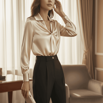 Woman wearing a beige satin blouse and black pants in a room with curtains and a chair.