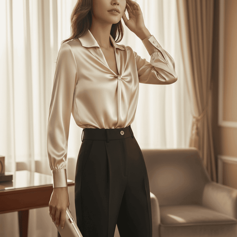 Woman wearing a beige satin blouse and black pants in a room with curtains and a chair.