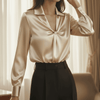 Woman wearing a beige satin blouse with a knot detail and black pants in a softly lit room.