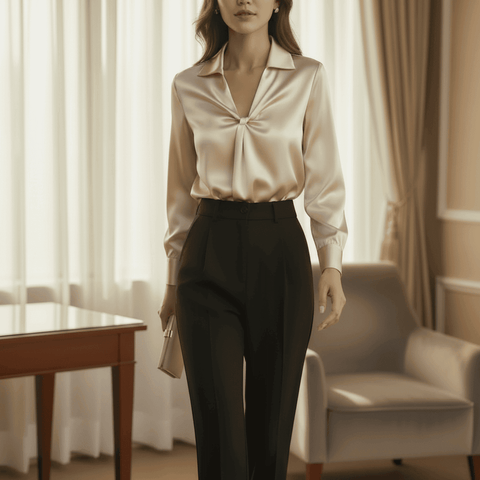Woman wearing a beige satin blouse and black pants in a room with curtains and furniture.
