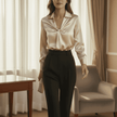 Woman wearing a beige satin blouse and black pants in a room with curtains and furniture.