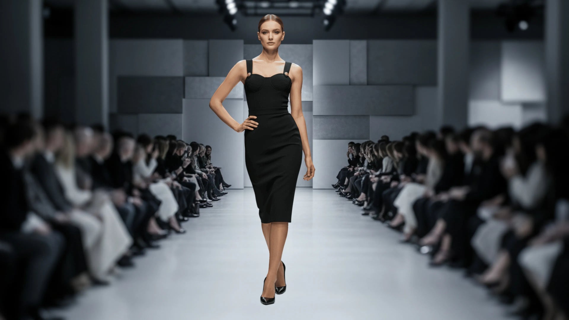Model walking on a fashion show runway with an audience on either side.