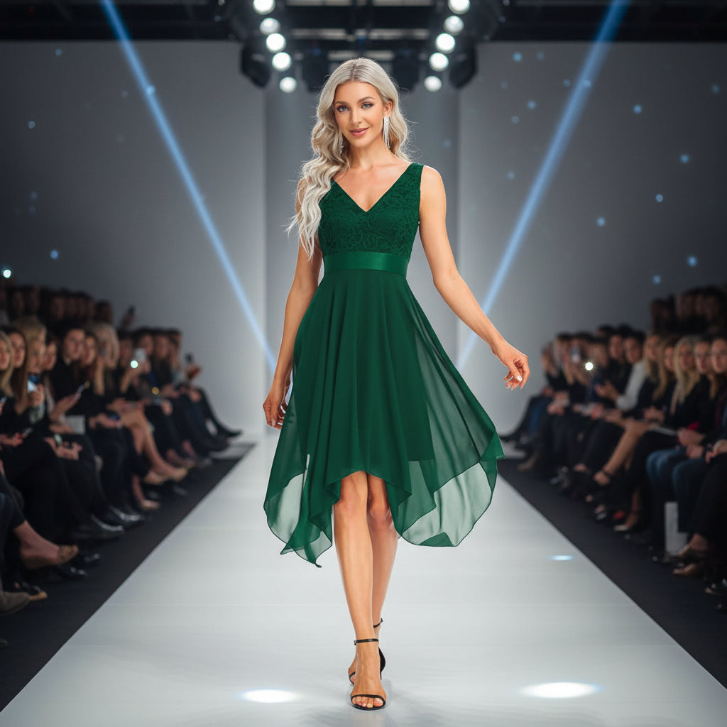 Woman wearing a green dress walking in a fashion show