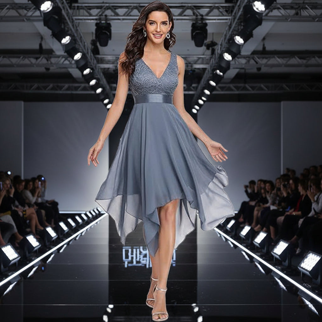 Woman wearing a gray dress with a V-neck and high-low hem walking in a fashion show