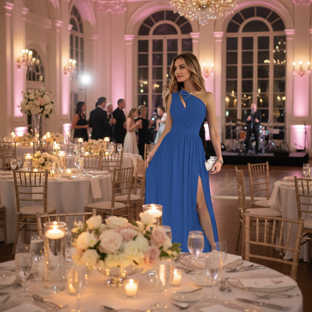 Woman wearing a blue halter neck dress with a slit, holding a clutch standing at a wedding reception