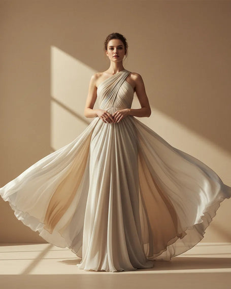 Woman in a flowing beige gown standing against a neutral background