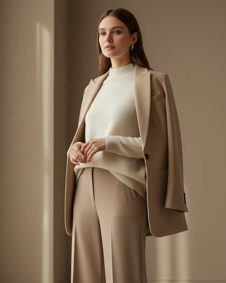 Woman wearing a beige suit with a white top against a neutral background